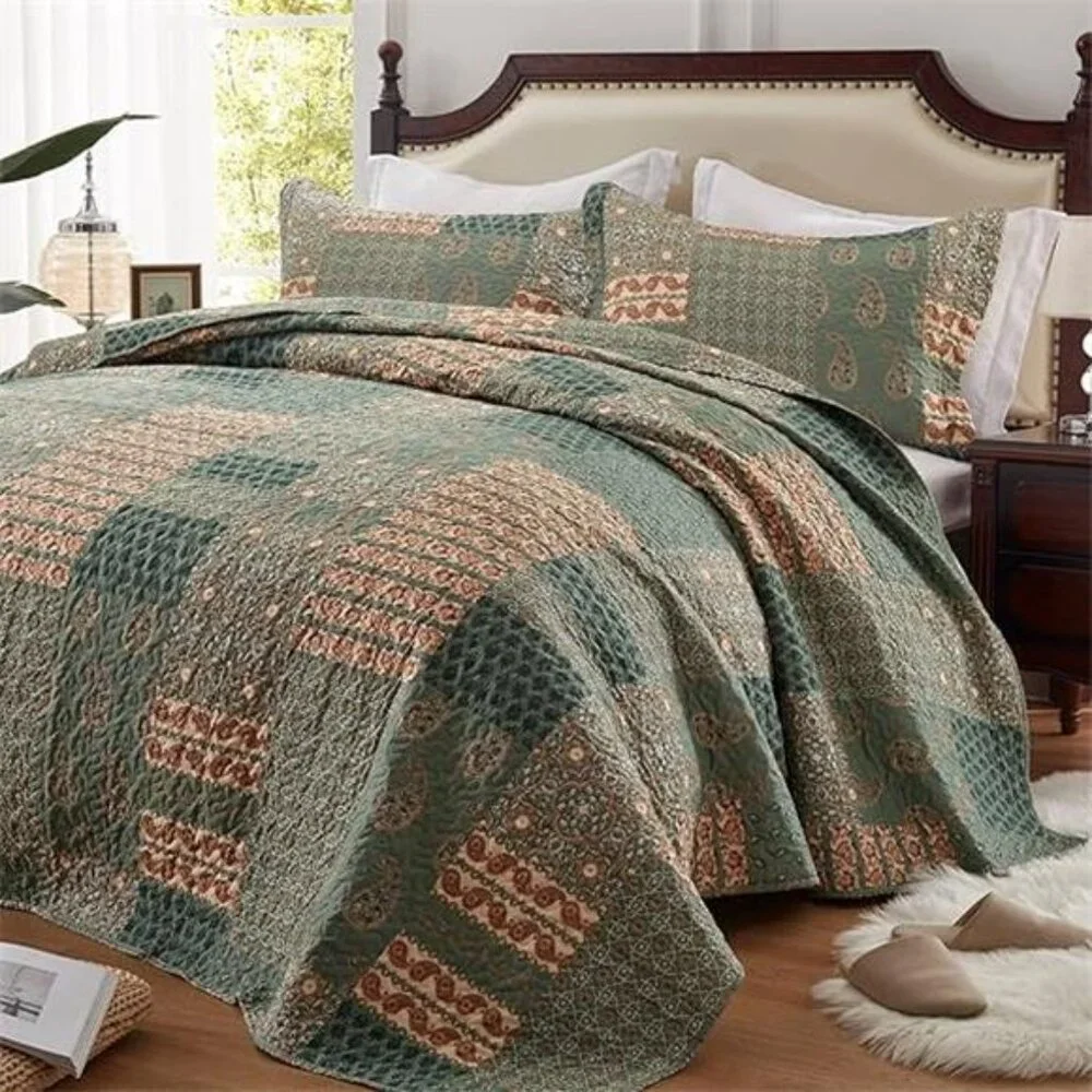3 Pieces California King Size Quilt Set Olive Green Oversized 120x120